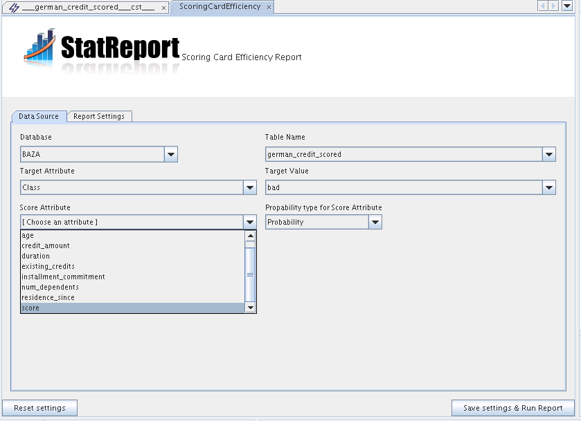 Efficiency Report Wizard - Data Source Settings