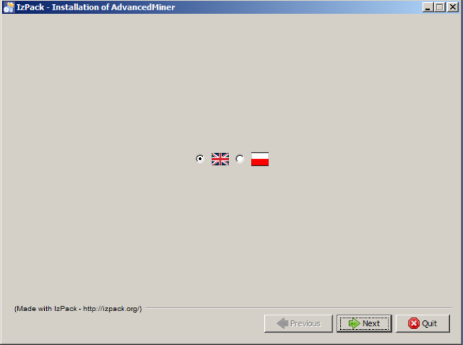 Instalation of the Advanced Miner System, choosing the language