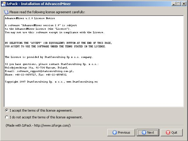 Installation of the AdvancedMiner System, the license agreement