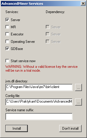 The installation of the Advanced Miner System, selecting the components to run as Windows services